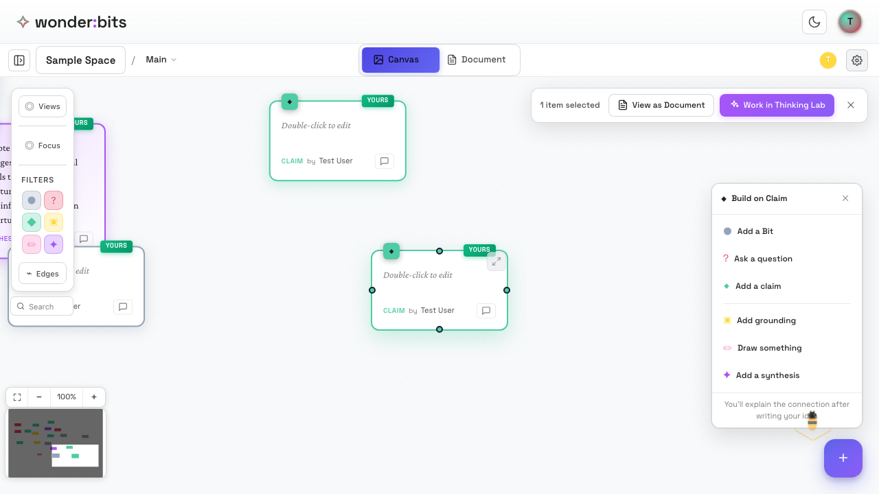 A selected node with its selection menu