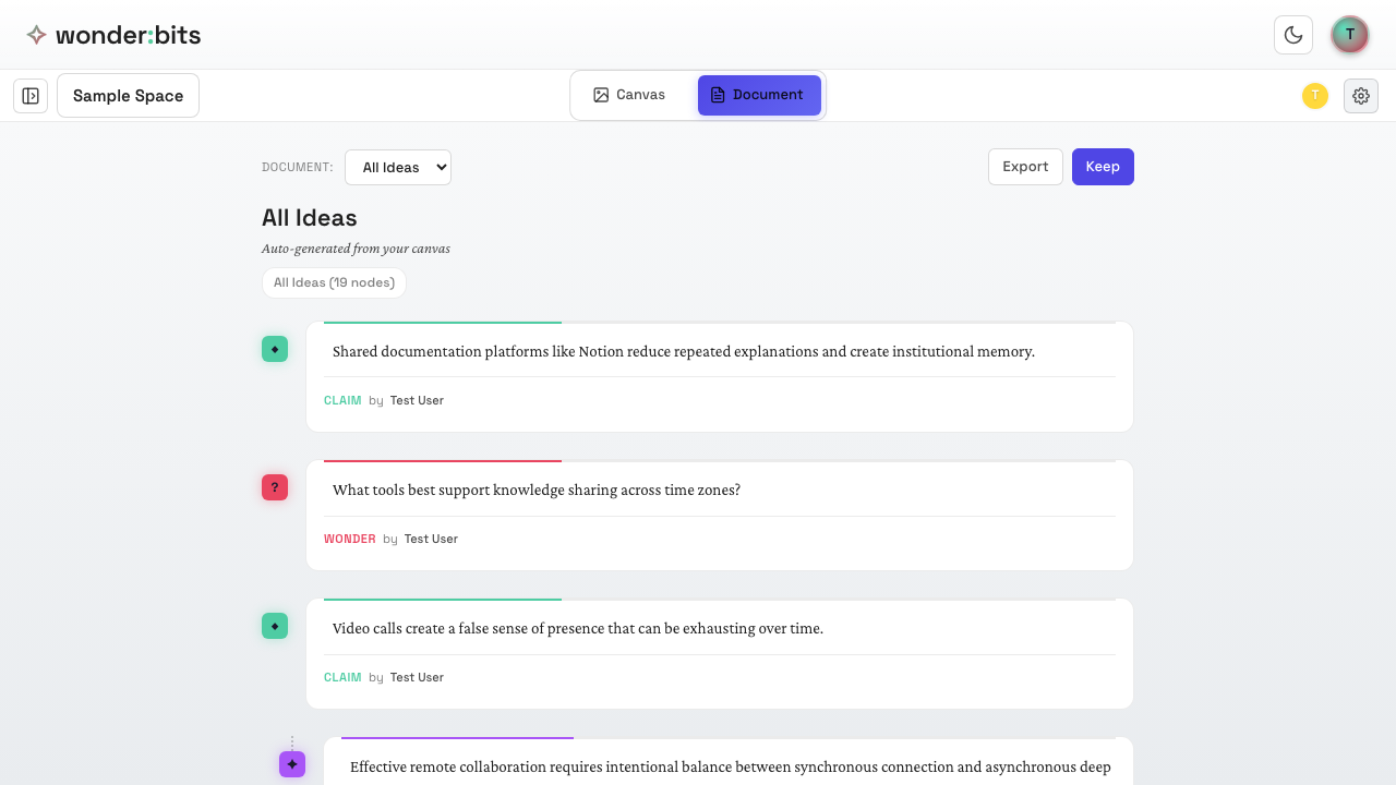 Document view shows ideas in a linear format